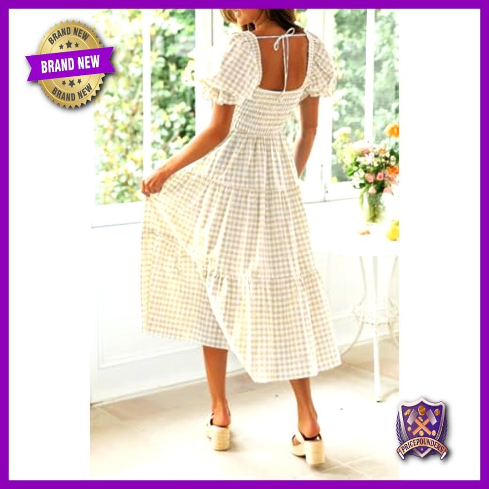 Bohemian Summer Plaid Square Neck Puff Sleeve Ruffle Flowy Midi Dress - Picture 4 of 7